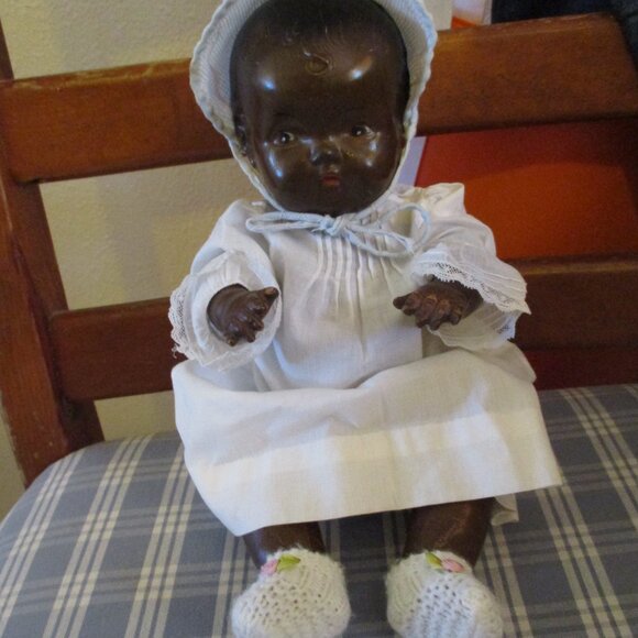 VTG 11" Black baby boy composition Doll, w/jointed limbs doll 1930's. TLC - Picture 2 of 11